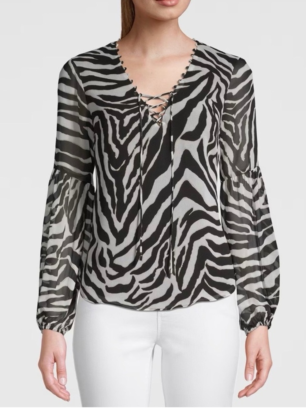 White House Black Market Black & White Zebra Lace-Up V-Neck Blouse